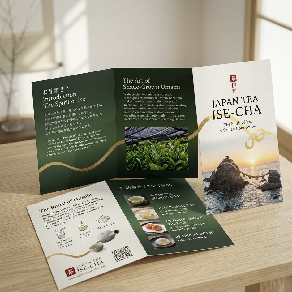 JAPAN TEA ISE-CHA 飲み比べセットの冊子とメニューカード