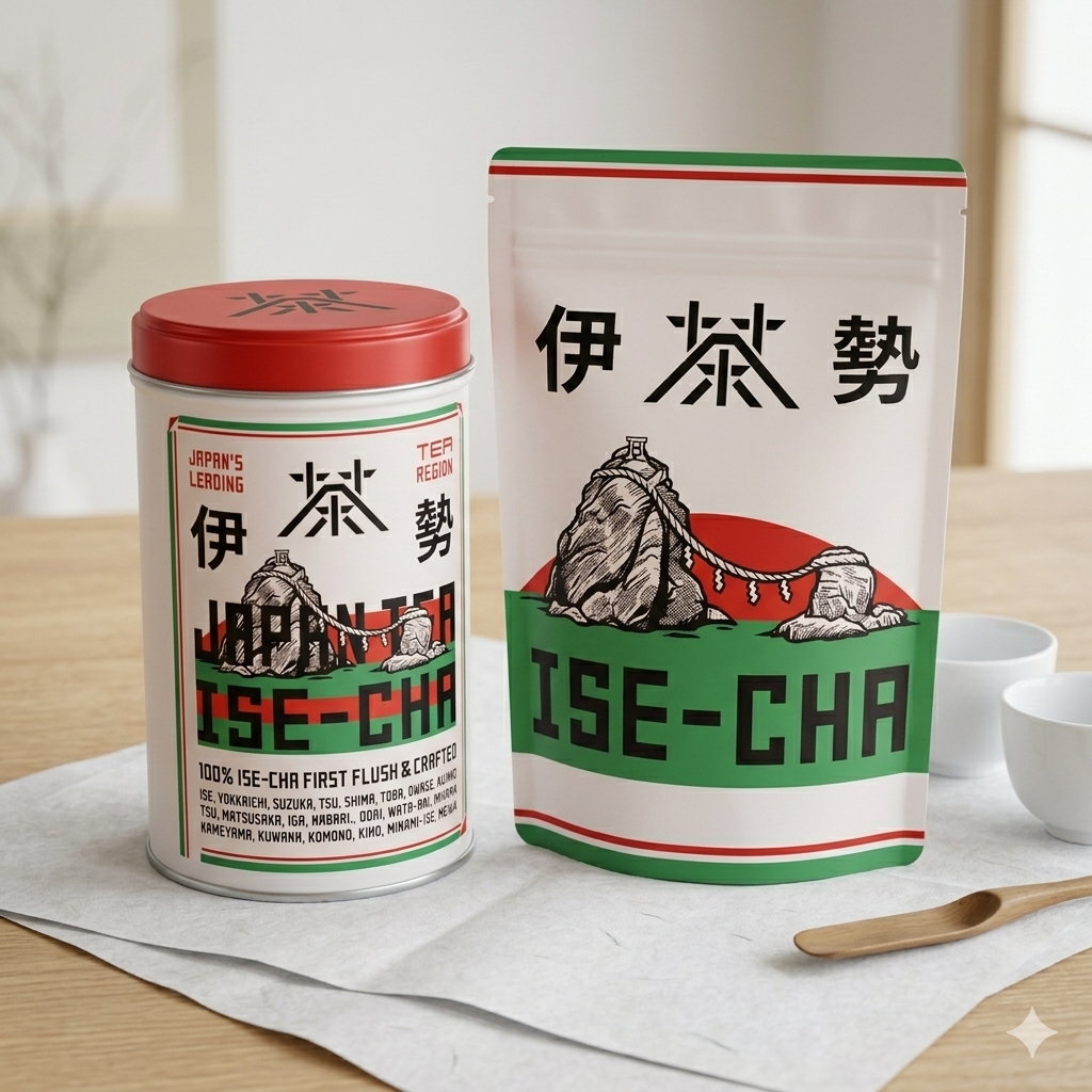 JAPAN TEA ISE-CHA 度会かぶせ茶 上煎茶の缶とパッケージ